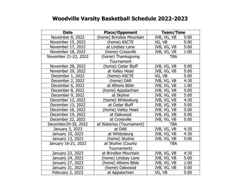 BBall Schedule 22 - 23